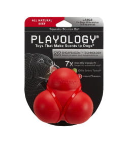 Жевательный тройной мяч Playology SQUEAKY BOUNCE BALL для собак средних и крупных пород с пищалкой и с ароматом говядины, цвет кра