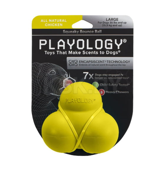 Жевательный тройной мяч Playology SQUEAKY BOUNCE BALL для собак средних и крупных пород с пищалкой и с ароматом курицы, цвет желты (P33333) 