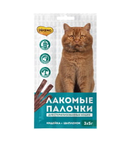 Лакомство Мнямс лакомые палочки 13,5 см для стерилизованных кошек из индейки и цыпленка 3х5 г