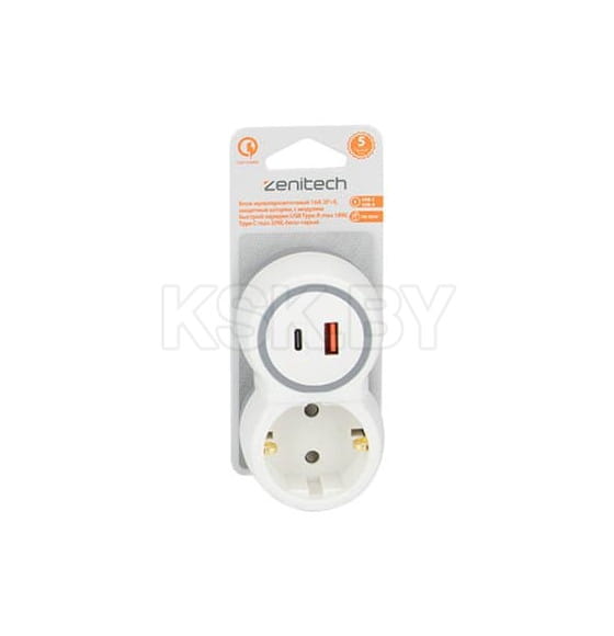 Разветвитель 1-й 16A, с модулем быстрой зарядки USB+Type C, бело-серый Zenitech (191903) 