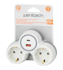 Разветвитель 2-й 16A, с модулем быстрой зарядки USB+Type C, бело-серый Zenitech