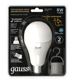 Лампа Gauss A60 8W 490lm 4100K E27 с Li-Ion аккумулятором LED 1/25