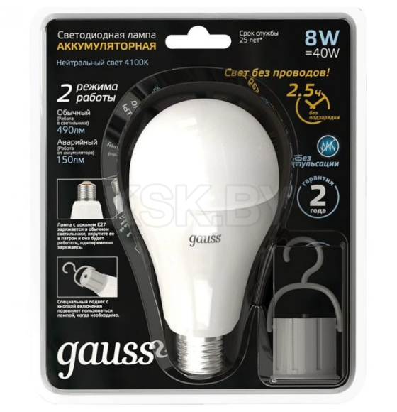 Лампа Gauss A60 8W 490lm 4100K E27 с Li-Ion аккумулятором LED 1/25 (102402208) 