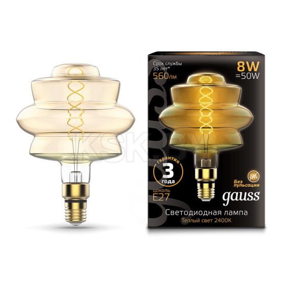 Лампа Gauss Filament BD180 8W 560lm 2400K E27 golden flexible LED 1/4 (161802008)