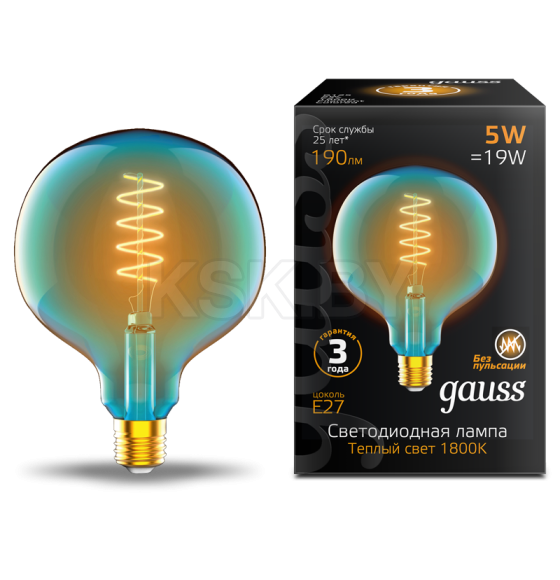 Лампа Gauss Filament G125 5W 190lm 1800K E27 sky blue flexible LED (1013802105)