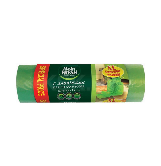 Пакеты для мусора с завязками Master FRESH 60л 15шт (зеленые)