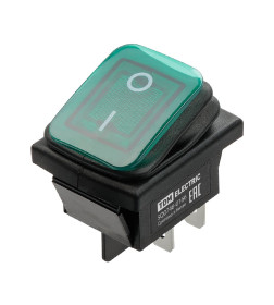 Выключатель клавишный KCD4-201N/HS 250В AC/DC, 2P, 15А, (4с), ON-OFF, черный корпус, зеленая клавиша, LED, IP54 TDM SQ0746-0166
