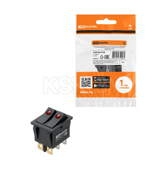 Выключатель двухклавишный KCD3-221N/D 250В AC/DC, 1P, 15А, (6с), ON-OFF, черный с красной точечной LED подсветкой TDM SQ0746-0159 (SQ0746-0159) 