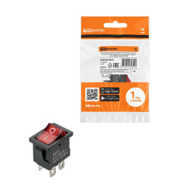 Выключатель клавишный KCD1-201N 250В AC/DC, 2P, 6А, (4с), ON-OFF, черный корпус, красная клавиша, LED, Mini TDM SQ0746-01
