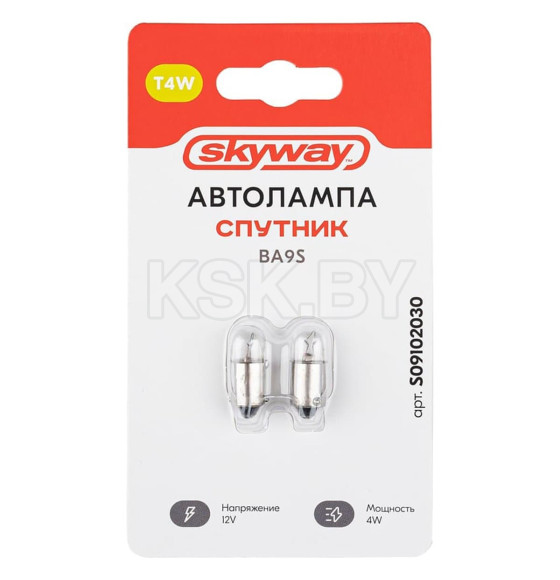 Автолампа T4W 12V 4W c цоколем ВА9s 1-конт 35Лм 2500К (2 шт.) СПУТНИК SKYWAY (S09102030) 