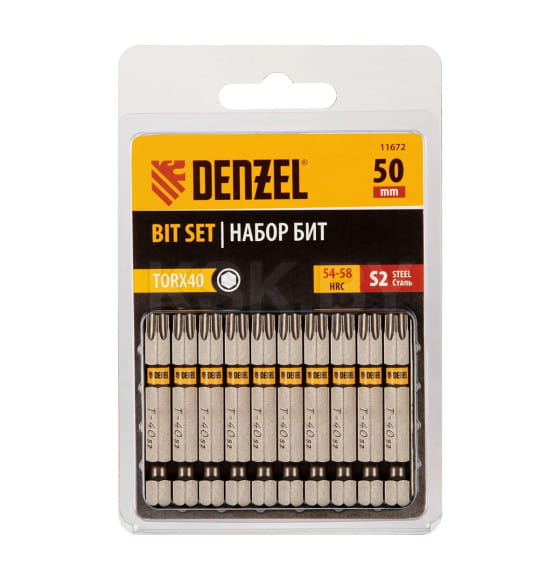 Бита TORX 40х50 мм сталь S2, шестигранный профиль (10 шт.) Denzel 11672 (11672) 