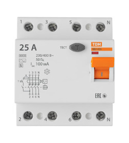Устройство защитного отключения УЗО ВД1-63S 4Р 25А 100мА TDM SQ0203-0064