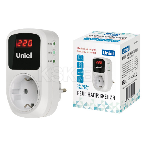 Реле напряжения однофазное. 16А. 3500Вт. с заземлением UBR-E35 WHITE Uniel (UL-00012537) 