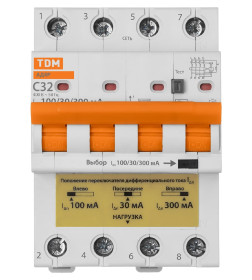 Дифференциальный автомат АД4P 4Р С32 30-100-300мА 6кА тип АС TDM SQ0204-0632