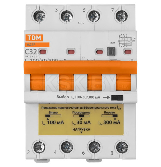 Дифференциальный автомат АД4P 4Р С32 30-100-300мА 6кА тип АС TDM SQ0204-0632 (SQ0204-0632) 