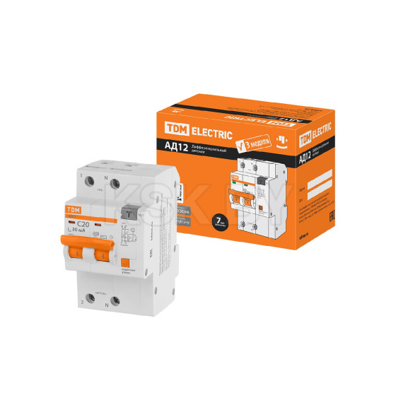 Дифференциальный автомат АД12 2P, C20, 30мА, 4,5кА, тип АС, 3 модуля TDM SQ0204-0108 (SQ0204-0108) 