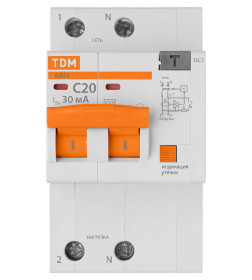 Дифференциальный автомат АД12 2P, C20, 30мА, 4,5кА, тип АС, 3 модуля TDM SQ0204-0108