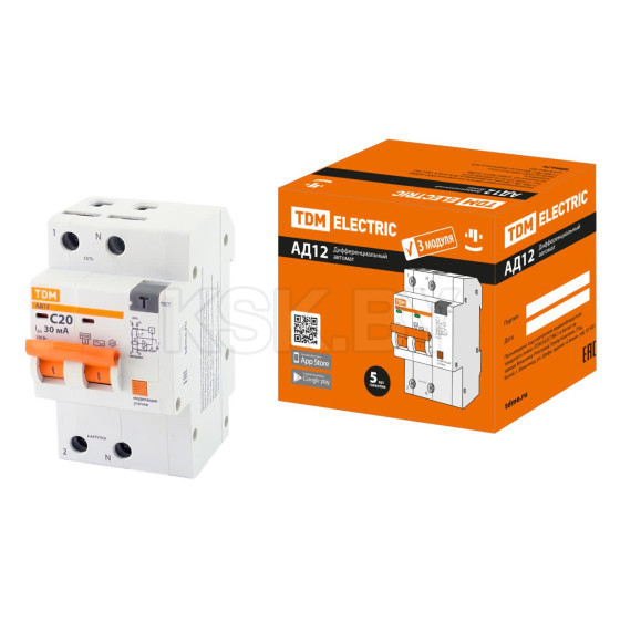 Дифференциальный автомат АД12 2P, C20, 30мА, 4,5кА, тип АС, 3 модуля TDM SQ0204-0108 (SQ0204-0108) 