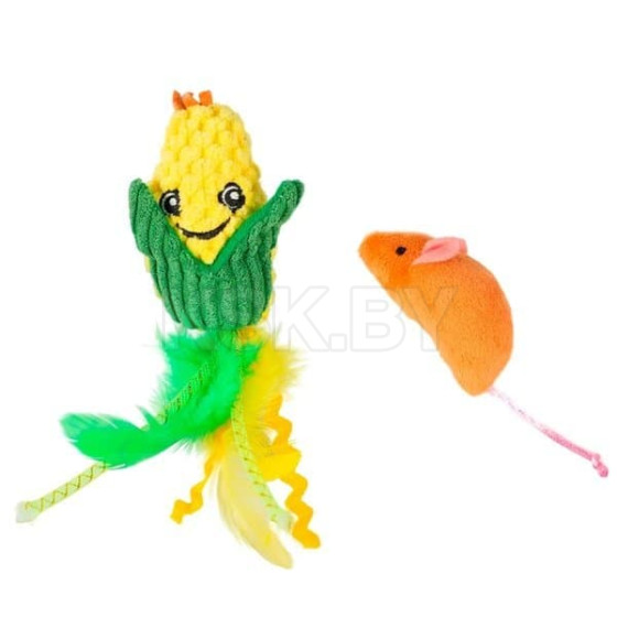 Игрушка Mr.Kranch для кошек Кукурузка и Мышка плюшевая с кошачьей мятой и перышками 19 см желтая,