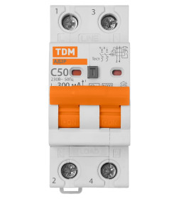 Дифференциальный автомат АД2P 2Р С50 300мА 6кА тип АС TDM SQ0204-0623