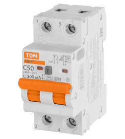 Дифференциальный автомат АД2P 2Р С50 300мА 6кА тип АС TDM SQ0204-0623