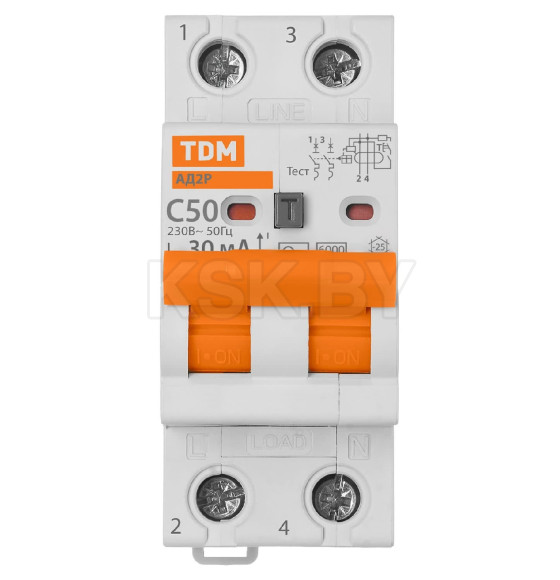 Дифференциальный автомат АД2P 2Р С50 30мА 6кА тип АС TDM SQ0204-0621 (SQ0204-0621) 