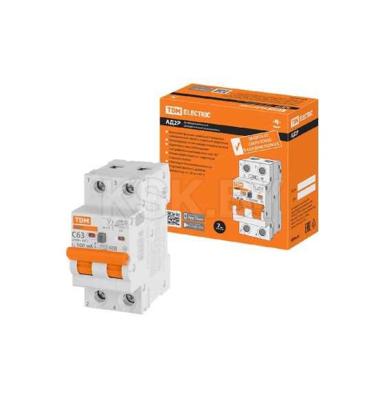 Дифференциальный автомат АД2P 2Р С63 100мА 6кА тип АС TDM SQ0204-0625 (SQ0204-0625) 
