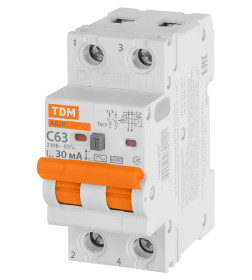 Дифференциальный автомат АД2P 2Р С63 30мА 6кА тип АС TDM SQ0204-0624