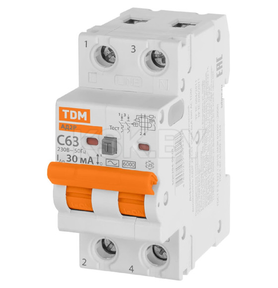 Дифференциальный автомат АД2P 2Р С63 30мА 6кА тип АС TDM SQ0204-0624 (SQ0204-0624) 