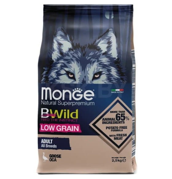 Сухой корм Monge Dog BWild LOW GRAIN для взрослых собак, низкозерновой, из мяса гуся 12кг (70011778) 