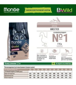 Сухой корм Monge Dog BWild LOW GRAIN для взрослых собак, низкозерновой, из мяса гуся 12кг