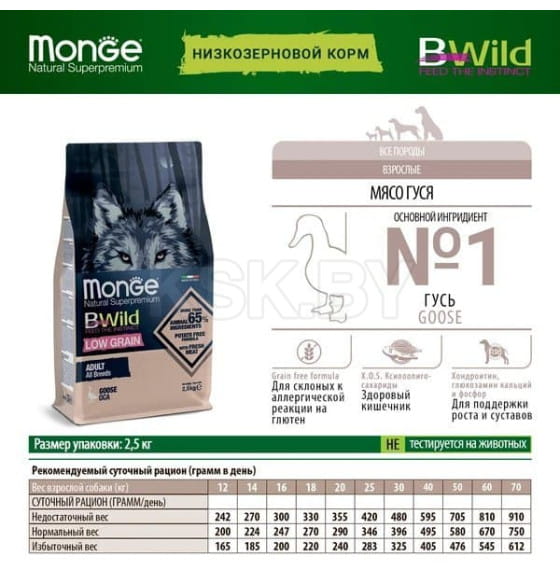Сухой корм Monge Dog BWild LOW GRAIN для взрослых собак, низкозерновой, из мяса гуся 12кг (70011778) 