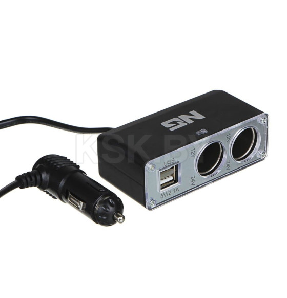 Разветвитель прикуривателя в авто, 2 гнезда, 2хUSB, 60 W, 2.1А, 12/24В NG (738-022) 