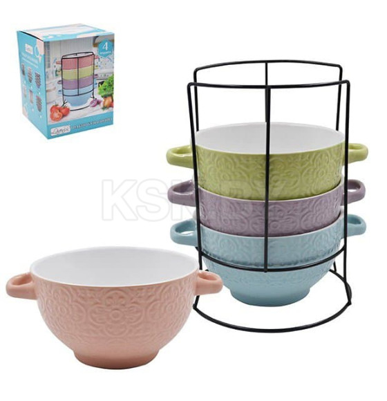 Набор бульонниц на металлической подставке (4 шт.) Lavenir "Орнамент 1" 645 мл, 13,5 см, 19572 керамика (75178) 