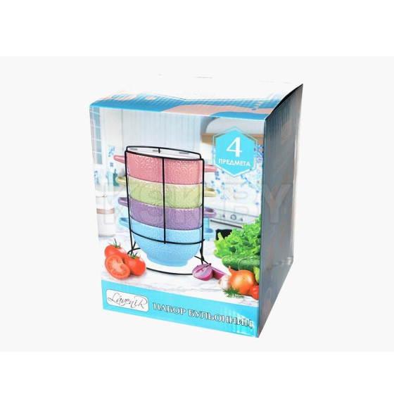 Набор бульонниц на металлической подставке (4 шт.) Lavenir "Орнамент 1" 645 мл, 13,5 см, 19572 керамика (75178) 