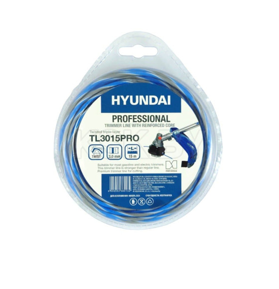 Леска для триммера 3,0 мм х 15 м трехслойная сечение витое HYUNDAI TL-3015 PRO (TL-3015 PRO)