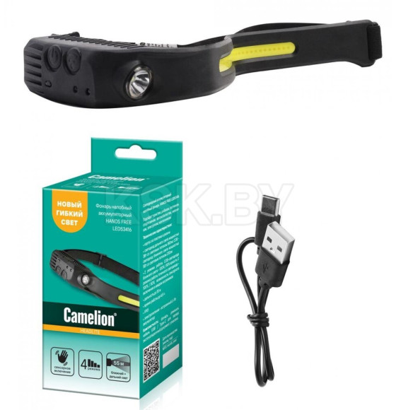 Фонарь налоб. аккум 3,7В, черн, лента, 2 LED, 3Вт, 4 реж, сенсор, Type-C LED53416 Camelion (15748) 
