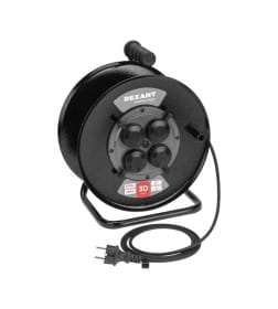 Удлинитель силовой КГ на катушке 4 гнезда, с/з, 30м, 3х1,5мм², IP44 c защитными крышками, металлическая катушка REXANT 13-5011