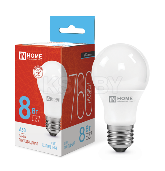 Лампа светодиодная LED-A60-VC 8Вт 230В Е27 6500К 760Лм IN HOME 4690612024042 (4690612024042) 