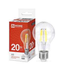 Лампа светодиодная LED-A60-deco 20Вт 230В Е27 4000К 1890Лм прозрачная IN HOME 4690612055923