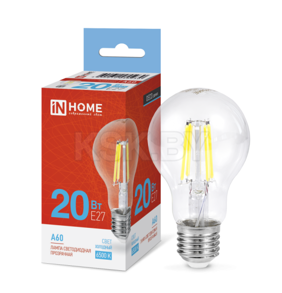 Лампа светодиодная LED-A60-deco 20Вт 230В Е27 6500К 1890Лм прозрачная IN HOME 4690612055930 (4690612055930) 