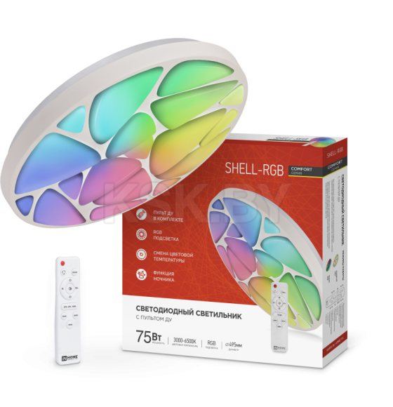 Светильник светодиодный COMFORT SHELL-RGB 75Вт 230В 3000-6500K 6000Лм 495x85 мм с пультом ДУ IN HOME 4690612044651 (4690612044651) 