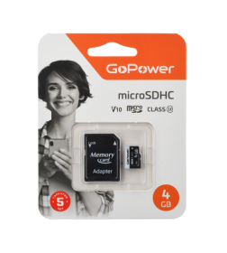 Карта памяти microSD 4GB Class10 15 МБ/сек V10 с адаптером GoPower 00-00025672