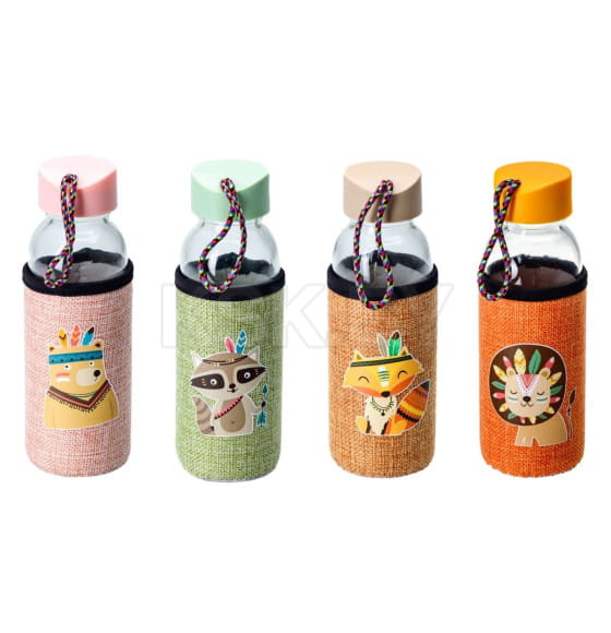 Бутылка стекло/пластмасса для питья "Зверюшки" в текстильном чехле 300 мл/17 см 30556739 (30556739) 