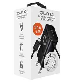 Зарядное устройство сетевое 2.1A (встроенный кабель MicroUSB, черный) Qumo Energy Charger 0024 Q30548