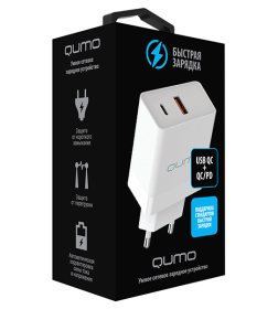 Зарядное устройство сетевое 20W 2USB Type-C + QC3.0 (белый) Qumo Energy light Charger 0052 PD Q32846