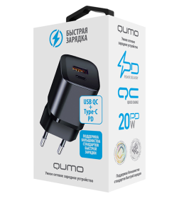 Зарядное устройство сетевое 20W 2USB Type-C PD + USB-A QC3.0 (черный) Qumo Energy PD Charger 0071 Q43013