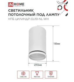 Светильник потолочный НПБ ЦИЛИНДР-GU10-NL-WH под лампу GU10 55х100 мм белый IN HOME 4690612046518
