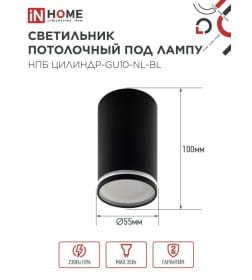 Светильник потолочный НПБ ЦИЛИНДР-GU10-NL-BL под лампу GU10 55х100 мм черный IN HOME 4690612046525