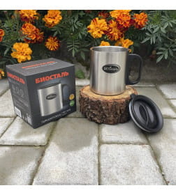 Термокружка 450 мл пластиковая ручка, с крышкой БИОСТАЛЬ NM-B